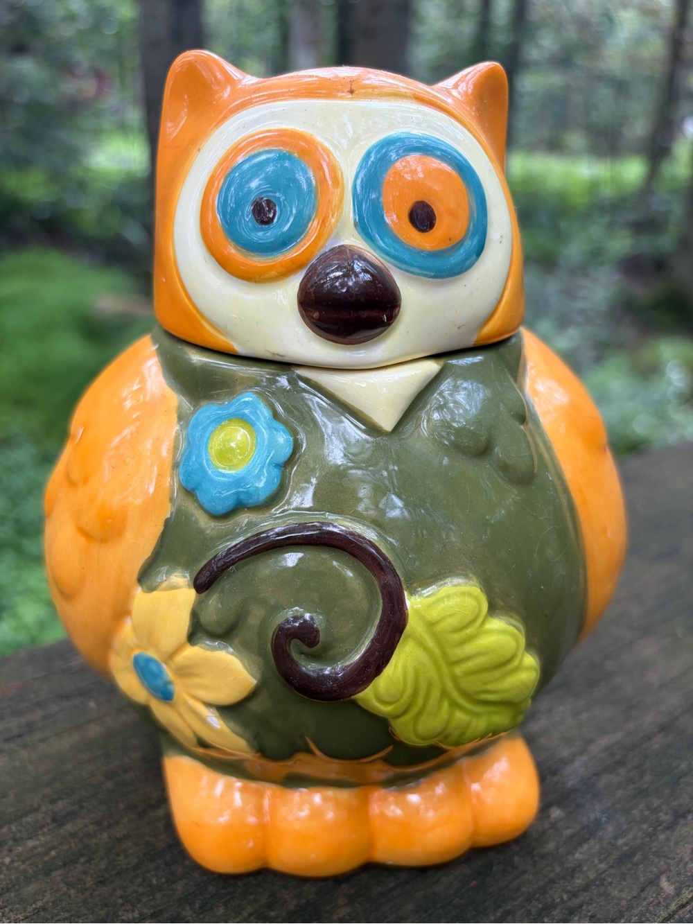 Vintage Colorful Orange Owl Ceramic Cookie Jar